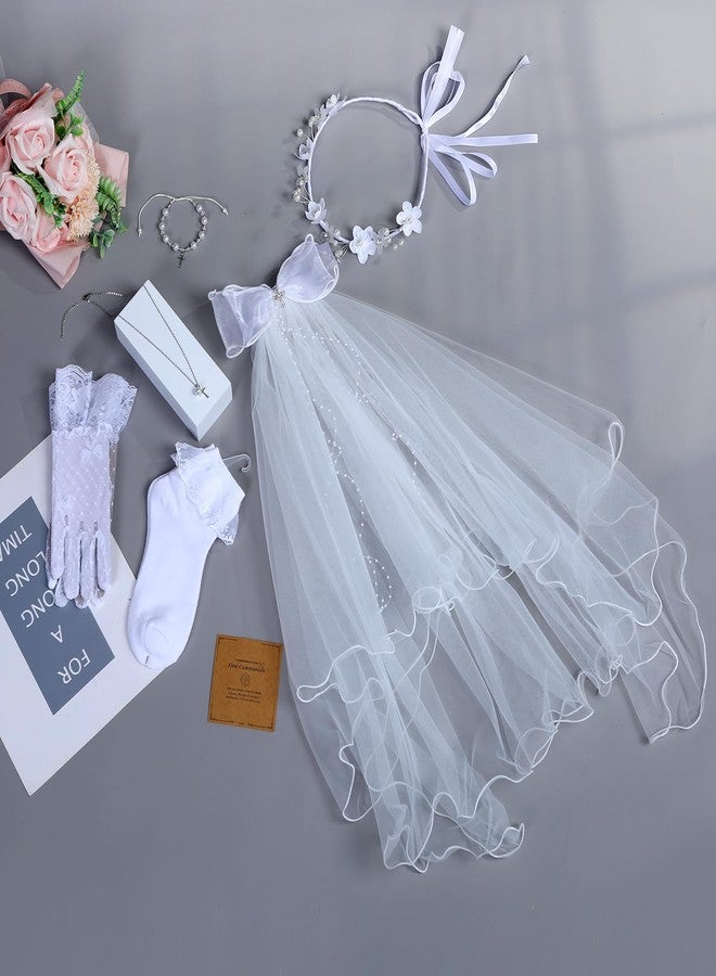 Yewkit First Communion Veils Set 1st Communion Wreath Veil Pearl Bracelet Gloves Sock Accessories - Image 3